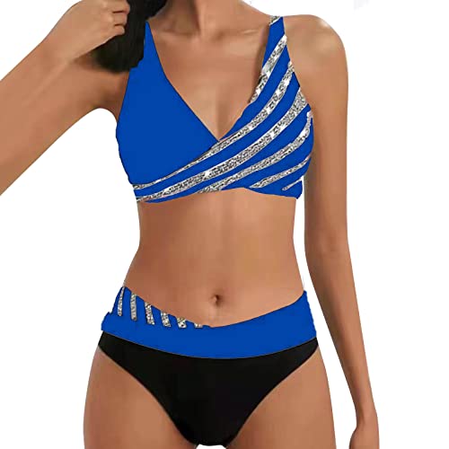 Bikini Damen GroßE Brüste Bauchweg Bademode Zweiteiliger Push Up Sexy Farbblockdruck Brustpolster Swimsuit Set Frauen Bikini Set Knot Triangel Bikini Swimsuit Low Rise Bademode (f-Blue, XXL) von Generic