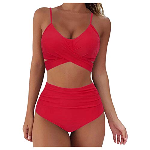 Bikini Damen Große Brüste Zweiteiliger Badeanzug Bauchweg Push Up Bikini Oberteil High Waist Bikini Set Sexy Crossover Bikini-Sets für Damen Bademode Set Schwimmanzug Zweiteilig Swimsuit Beachear von Generic