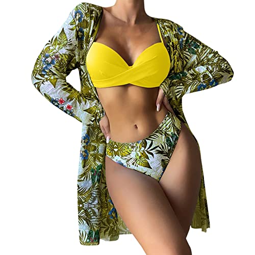 Bikini Damen Set, Badeanzug Damen Sexy, Bikinis 3 Teilig Bademode Bikinisets Bikini-Set Wickeloptik Bikinihose Grün Pink Boho Push Up Badebekleidung Curvy Teenager Mädchen Schwimmanzug von Generic