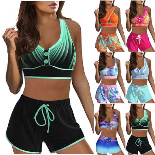 Bikini Damen Set, Bikini Damen Bauchweg Zweiteilige Push Up Cross Back Bikinioberteile mit Gepolsterte und Bikini Shorts High Waist Badeanzug Damen 2 Teilig Sommer Bikinis Bademode Swimsuit von Generic