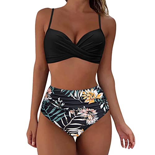 Bikini Damen Set Bauchweg Zweiteilige Badeanzüge Twist Front Sexy Push Up Oberteil Mit Badeshorts Hoher Taille Schwarz Schwimmanzug Swimsuit Vintage Badeanzug mit Plissiert Bikini-Sets Für Damen von Generic