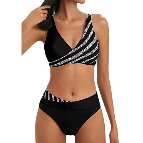 Generic Damen Bikini-Set Hocherhobener Push-up Bikini Top V-Ausschnitt Neckholder Schwarz Geblümtes Muster Bikini-Hose Hocherhobener Push-up Bademode Bauchkontrolle Bikini Sets von Generic