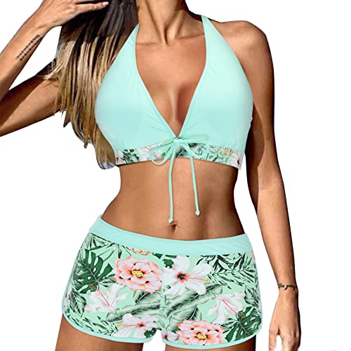 Bikini Damen Set V-Ausschnitt Bikini Top Mit High Waist Bikini Shorts Hängende Hals Bademode Solide Bikini BH Vintage Aufdruck Shorts Elegant Sexy Shapewear Damen Bauchweg Bandeau Bikini von Generic