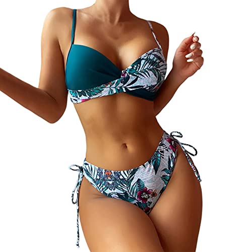 Bikini Damen Set Wickel Push Up Bikini Mit Bügel Tropenmuster Zweiteiler Badeanzug V Ausschnitt Raffung Kordelzug Swimsuit Crisscross Strandmode von Generic