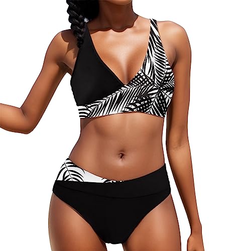 Bikini Damen Set Zweiteiliges Badeanzug-Bikini-Set für Damen mit sexy, sommerlichem, frischem Aufdruck Badeanzug Damen(A02-Weiß,XL) Damen Badeanzug Tankini Bikini Schwarz von Generic