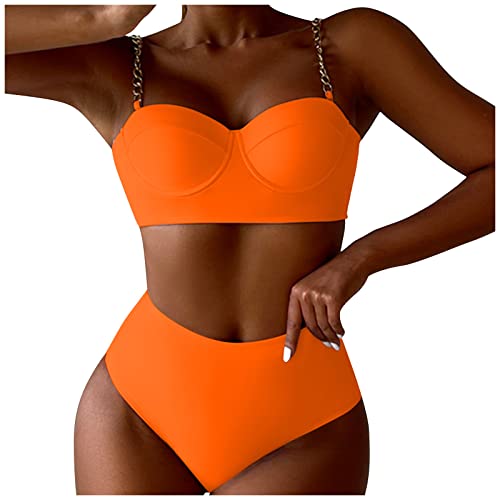 Bikini Damen Sexy Bikini High Waist Bikini Zweiteiliger Badeanzug Strandmode Push up Bikini Solides Badebekleidung Metallic Bikini mit Bretelles Spaghetti Bikini Damen Bauchweg Orange M von Generic