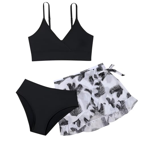 Bikini MäDchen Set 3Pcs Bikini Top Mit Triangel Bikinihose Und RüSchen Rock Kinder Blumen Verstellbarer Schultergurt Bustier Tankini Sommer SchöNe Schnelltrocknende SüßE Schwimmanzug von Generic