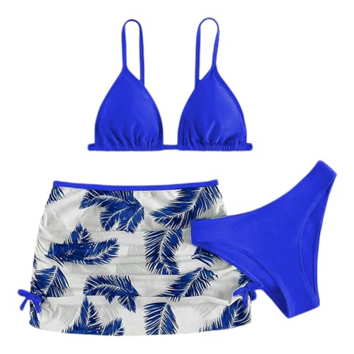 Bikini Mädchen 3 Stück Mädchen Bikini Sets Sommer Badeanzüge für Mädchen Bikini Top mit Triangel Bikinihose und Rock Rüschen Tankini Badeanzug (Dunkelblau, 12-13Jahre) von Generic