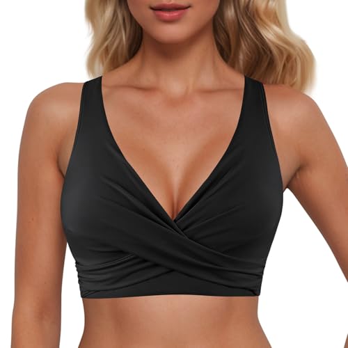 Bikini Oberteil Damen Bikini Oberteil V Ausschnitt Wickeloptik Crossover Lace Up Bralette Bademode Breite Träger Bikini Top Bademode für Strand Surf Beach von Generic