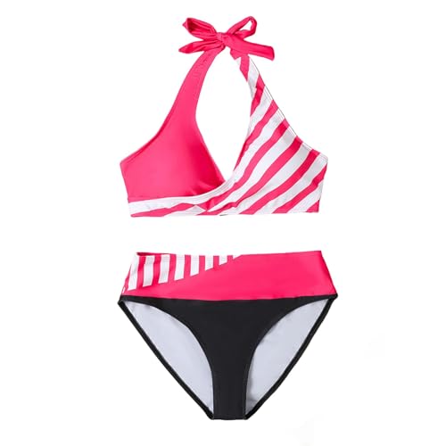 Bikini Oberteil Große Brüste, Damen Bikinis Zweiteiliger Neckholder Badeanzug Tiefer V Ausschnitt Boho Ethnic Hohe Taille Bademode Swimsuit Set Sommer Strandmode mit Cups D Pink XL von Generic