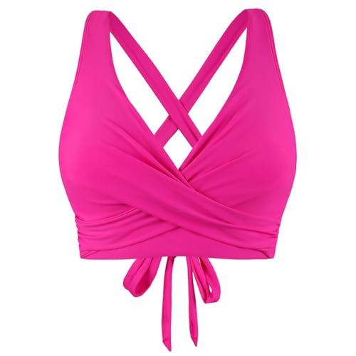 Bikini Oberteil Push Up Rückenfreies Oberteil Bikini Damen Große Brüste Wickeloptik Lace Up Bikini Top V Ausschnitt Badeanzug Top Sommer Strand Bikini Top Swimsuit Oberteil (Hot Pink, L) von Generic