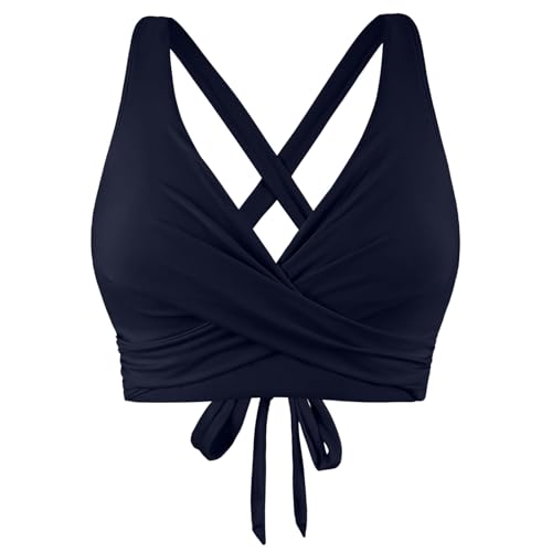Bikini Oberteil Push Up Rückenfreies Oberteil Bikini Damen Große Brüste Wickeloptik Lace Up Bikini Top V Ausschnitt Badeanzug Top Sommer Strand Bikini Top Swimsuit Oberteil (Navy, L) von Generic