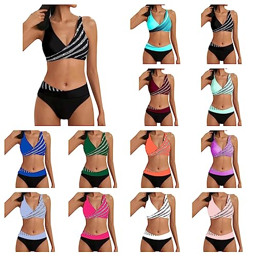 Bikini Set Damen Bauchweg Badeanzug Push Up Bademode Zweiteiliger Bikinis Sexy V Ausschnitt Oberteil Große Brüste Frauen Schwimmanzug Swimsuit Set für Schwimmbad Sonnenbad Strand Bauch Weg(C-Orange,XL von Generic