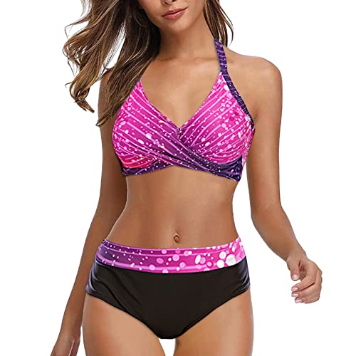 Bikini Set Damen Bauchweg Push Up Triangel Badeanzug Strand Ties Zweiteiliger Bademode Bikinihose Strandkleidung Neckholder Triangel Oberteil Bikinihose Sexy Halter (Purple, L) von Generic