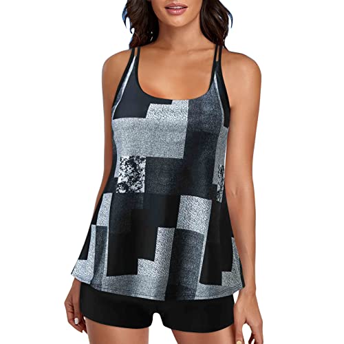 Bikini String Schwarz Bikini Set Damen Bauchweg Plus Size Double Straps Blue Geometric Print Top Badeanzüge Für Frauen Zweiteilige Badeanzüge Damen Bademode Sportlich Sport Neckholder (Grey S) von Generic