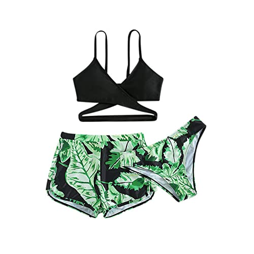 Bikini Teenager Mädchen 14 Jahre 3-Teiliger Bikini Sets Verstellbare Crisscross Badeanzug Mädchen 140 Bikini Oberteil mit Triangel Bikinihose mit Shorts Blätter Druck Badebekleidung 8-14 Jahre von Generic