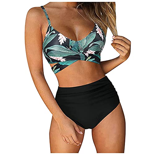 Bikinihose Damen, Bikini Damen Set Bauchweg V Ausschnitt Wickeloptik Hohe Taille Blumenmuster Bademode Cross Back Grace Swimsuit Zweiteiliger Badeanzug mit Verstellbaren Riemchen Green M von Generic