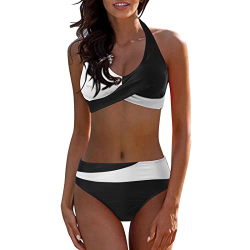 Damen Bikini Set Hängende Hals Bademode V-Ausschnitt Bikini Top Mit High Waist Triangel Shorts Plissee-Bikini Set Sexy Bikini Damen Bauchweg Bandeau Push Up Bademode Damen GroßE GrößE von Generic