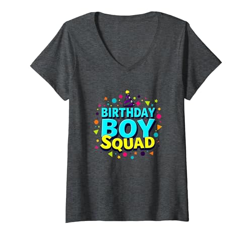 Birthday Boy Squad Festliche Feier Party Hut Spaß T-Shirt mit V-Ausschnitt, Damen, Anthrazit Meliert, S von Generic