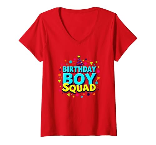 Birthday Boy Squad Festliche Feier Party Hut Spaß T-Shirt mit V-Ausschnitt, Damen, Rot, L von Generic