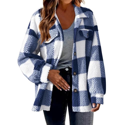 Black Friday Angebote 2024 Damen Fleece Mantel Karierte Winterjacke Button Down Plüschjacke Reverskragen Jacke Winter Strickjacke Große Größen Fleecejacke Warm Sweatshirt mit Tasche Lockere von Generic