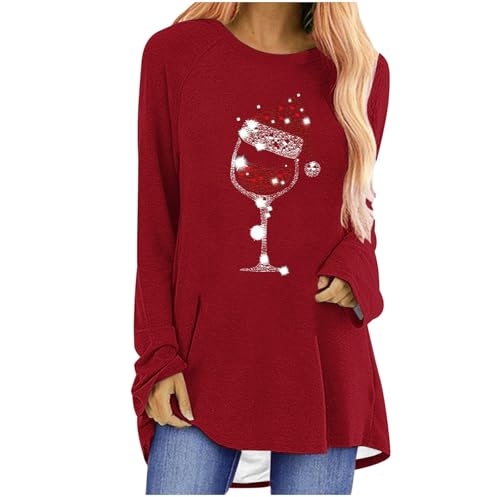 Black Friday Angebote 2024 Weihnachten Langarmshirt Damen Rot Weinglas Druck Pullover Lang Weihnachtspullover Oversized Tunika Langarm Oberteile Große Größen Bluse Longbluse Festlich Tshirt von Generic