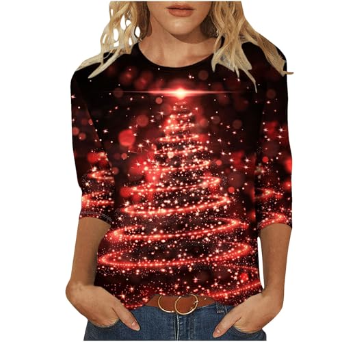 Black Friday Angebote 2024 Weihnachtsbluse Damen Weihnachtsbaum Bedruckt Blusentop 3/4-Arm Pullover Elch Muster Bluseshirt Klassische Passform Bluse für Weihnachten Party Teenager Mädchen Oberteile von Generic