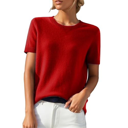 Black Friday Kurzarm Strickpullover Damen Einfarbig Strick Bluse O-Ausschnitt Strickpulli Elegant Sommerbluse Frühjahr Sommer Kurzarmbluse Teenager Mädchen Gestricktes Pullover von Generic