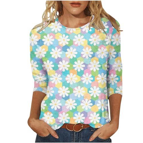 Black Friday Tshirt Damen 3/4 Ärmel Shirt Oberteile Elegant Gänseblümchen Druck Bluse Sommer Tops Pullover mit Rundhalsausschnitt T-Shirt Locker Damenblusen Tunika Casual Blusenshirt von Generic