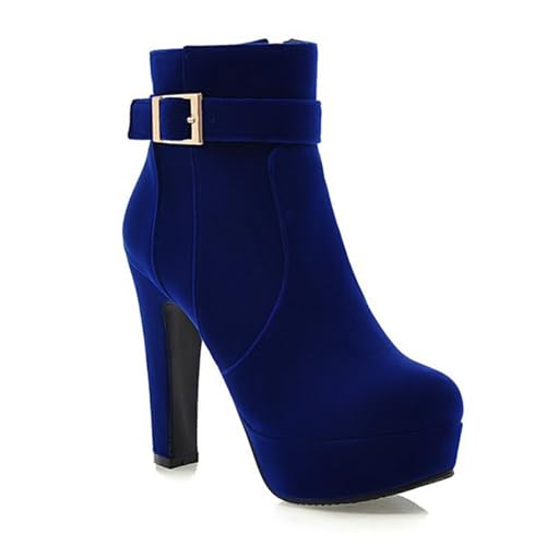 Blau,35 EU,Damen-Stiefeletten aus Wildleder mit runder Zehenpartie und Plateausohle, klobiger Blockabsatz, Herbststiefeletten mit Absatz, Herbst-Winter-Stiefeletten, Bequeme Abendschuhe von Generic
