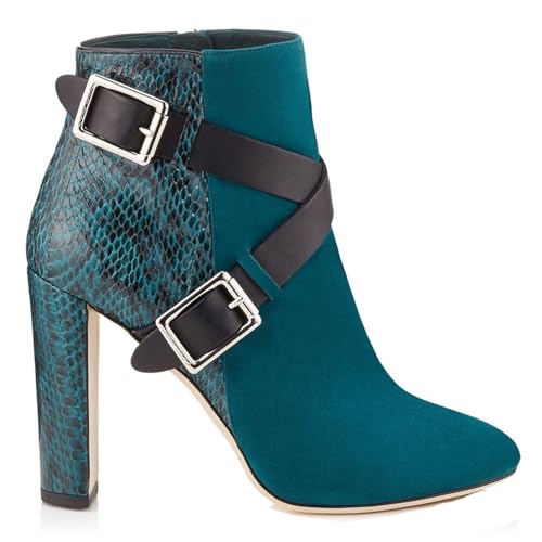 Blau,35 EU,Modische Colorblock-Stiefeletten mit spitzer Zehenpartie und klobigen Blockabsätzen für Damen. Stiefeletten mit gekreuzten Riemen und Schnalle, Bequeme Abend- und Partyschuhe von Generic