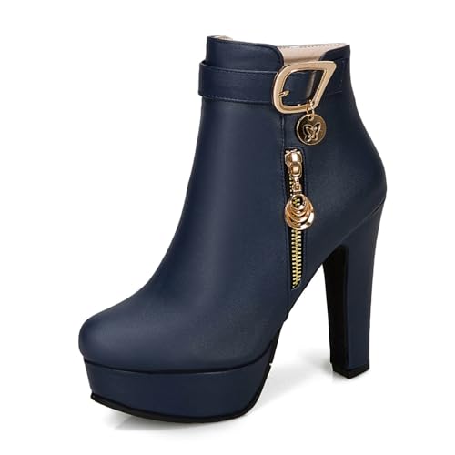 Blau,39 EU,Damen Plateau-Stiefeletten mit hohem, klobigem Blockabsatz und runder Zehenpartie, modische Herbststiefeletten mit Absatz und Gürtelschnalle von Generic