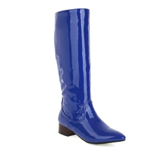 Blau,43 EU,Kniehohe Stiefel aus Lackleder und PU für Damen, Spitze Zehenpartie, klobiger niedriger Absatz, hoher Stiefel zum Überziehen, Langer Stiefel, Herbst-/Winter-Party-Stil, Elegante von Generic