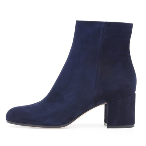 Blau,45 EU,Damen-Stiefeletten mit runder Zehenpartie, klobiger Blockabsatz und seitlichem Reißverschluss, Kurze Stiefeletten, Elegante Winter-/Herbstschuhe für lässigen Komfort von Generic