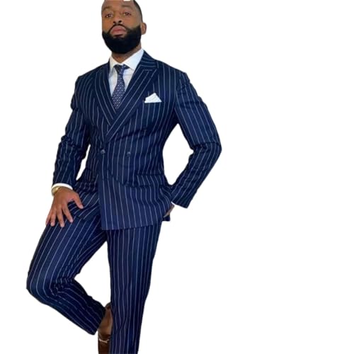Blaue Nadelstreifen-Anzüge Für Herren, 2-Teilig, Bräutigam, Business, Slim Fit, Abschlussball, Hochzeit, Smoking, Blazer, Jacke + Hose L von Generic