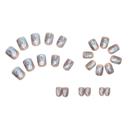 Blaue und weiße Flash Full Coverage Künstliche Nägel Damen und Mädchen 24 Stück kurz mit Klebstoff 1ml VuK507 von Generic