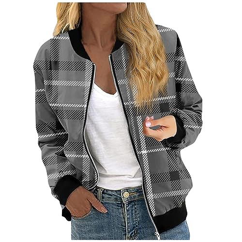 Blazer Damen,Blouson Jacke Damen Sommer,Bomberjacke Damen Casual Sommer Übergangsjacke Sommerjacke mit Reißverschluss Langarm Leichte Pilotenjacke Kurze,grau,XXL von Generic