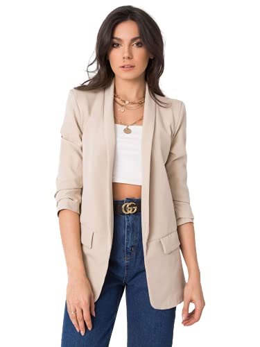Blazer Damen Elegant - Damenjacke ohne Verschluss mit Faltigen Ärmeln - Kurzarm Mantel - Business Outfit Damen Longblazer, Kleidung Damen Elegant (Beige, M) von Och Bella