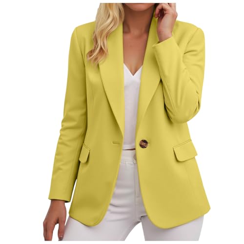 Blazer Damen Elegant Slim Fit Open Front Jacke Langarm Casual Kurzblazer V Ausschnitt Einfarbig Anzugjacke Arbeit Business Jacket mit Knopfe und Reverskragen (Light Yellow, XL) von Generic