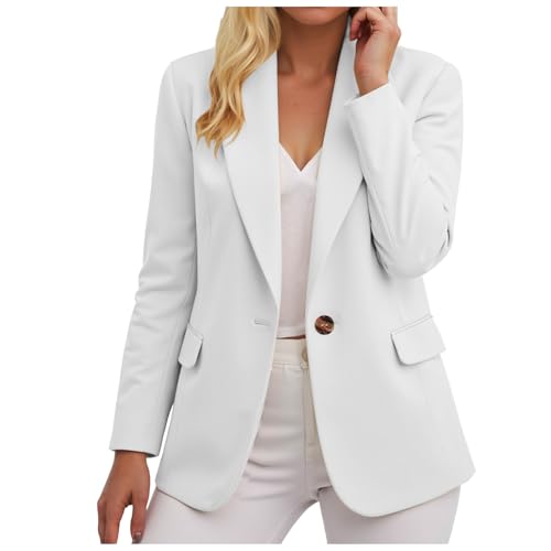 Blazer Damen Elegant Slim Fit Open Front Jacke Langarm Casual Kurzblazer V Ausschnitt Einfarbig Anzugjacke Arbeit Business Jacket mit Knopfe und Reverskragen (White, XXXL) von Generic