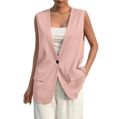 Blazer Damen Sportlich Elegant Ärmellos Weste Button Down Anzugweste Open Front Longblazer leichte Cardigan V-Ausschnitt Blazerjacke Einfarbig Anzugjacke Büro Anzugjacke Revers Sweatblazer von Generic