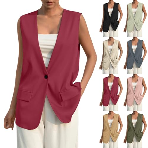 Blazer Damen Sportlich Elegant Ärmellos Weste Button Down Anzugweste Open Front Longblazer leichte Cardigan V-Ausschnitt Blazerjacke Einfarbig Anzugjacke Büro Anzugjacke Revers Sweatblazer von Generic