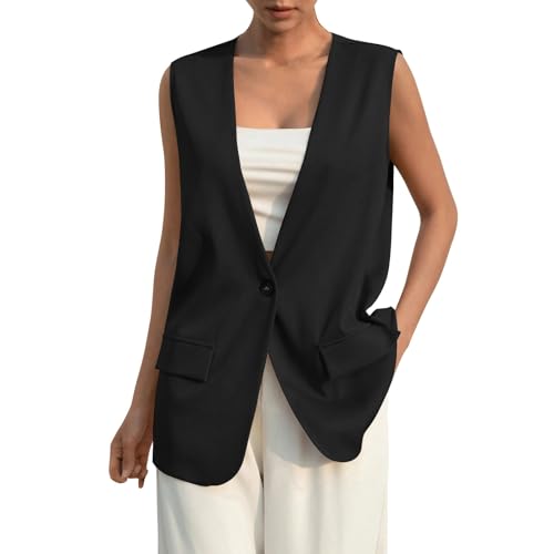 Blazer Damen Sportlich Elegant Ärmellos Weste Button Down Anzugweste Open Front Longblazer leichte Cardigan V-Ausschnitt Blazerjacke Einfarbig Anzugjacke Büro Anzugjacke Revers Sweatblazer von Generic