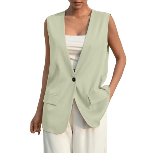 Blazer Damen Sportlich Elegant Ärmellos Weste Button Down Anzugweste Open Front Longblazer leichte Cardigan V-Ausschnitt Blazerjacke Einfarbig Anzugjacke Büro Anzugjacke Revers Sweatblazer von Generic