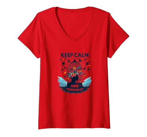 Bleib ruhig und behalte die Freiheit T-Shirt mit V-Ausschnitt, Damen, Rot, S von Generic