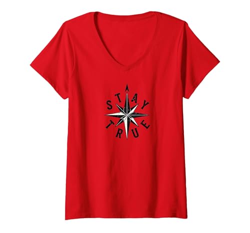 Bleib treu Compass Star Inspirational T-Shirt mit V-Ausschnitt, Damen, Rot, XL von Generic