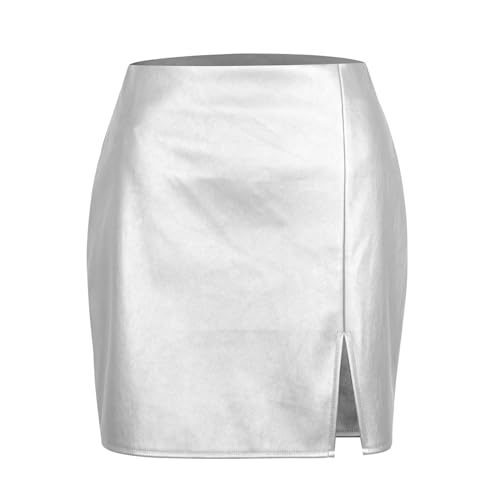 Bleistiftrock Damen Minirock Stretch Kurz Wetlook Rock Wrap PU Leder Röcke Slim Kunstleder Skinny Lederrock Dehnbar Reissverschluss Lederoptik Festlich Skirt mit Schlitz Silber S von Generic