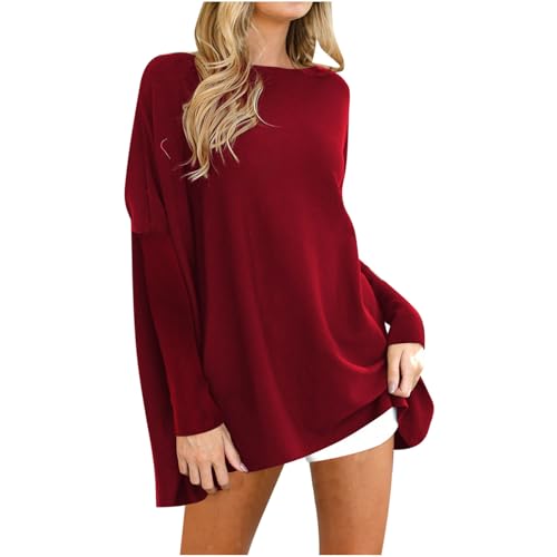 Blitzangebote des Tages Langarmshirt Damen Einfarbig Pullover Elegant Oberteile Lang Rundhals Bluse Winter Lockere Pulli Große Größen Tunika Leichte Longbluse Bequemer Shirt Essentials von Generic