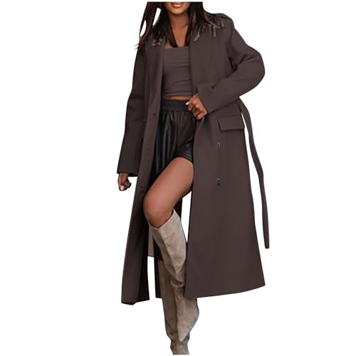 Blitzangebote des tagesDamen Trenchcoat Zweireiher Langer Mantel Winddichter Jacke Cardigan Wintermantel Einfarbig Revers Damenmantel Windjacke Übergangsmantel mit Taschen mit Knöpfen von Generic