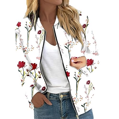 Blouson Damen,Blouson Jacke Damen Sommer,Damen Bomberjacke mit Reißverschluss Blouson Pilotenjacke College Leichte Langarm Dünne Übergangsjacke mit Taschen 2024,Rot,M von Generic
